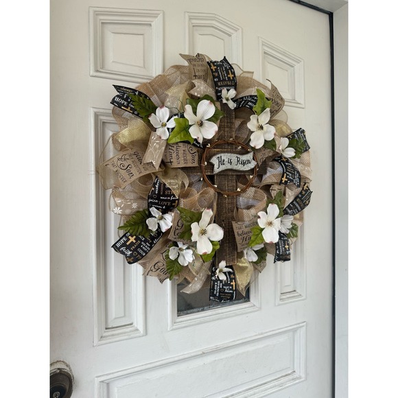 He is Risen Cross Religious Easter Dogwood Flowers Deco Mesh & Ribbon Wreath - Picture 7 of 9